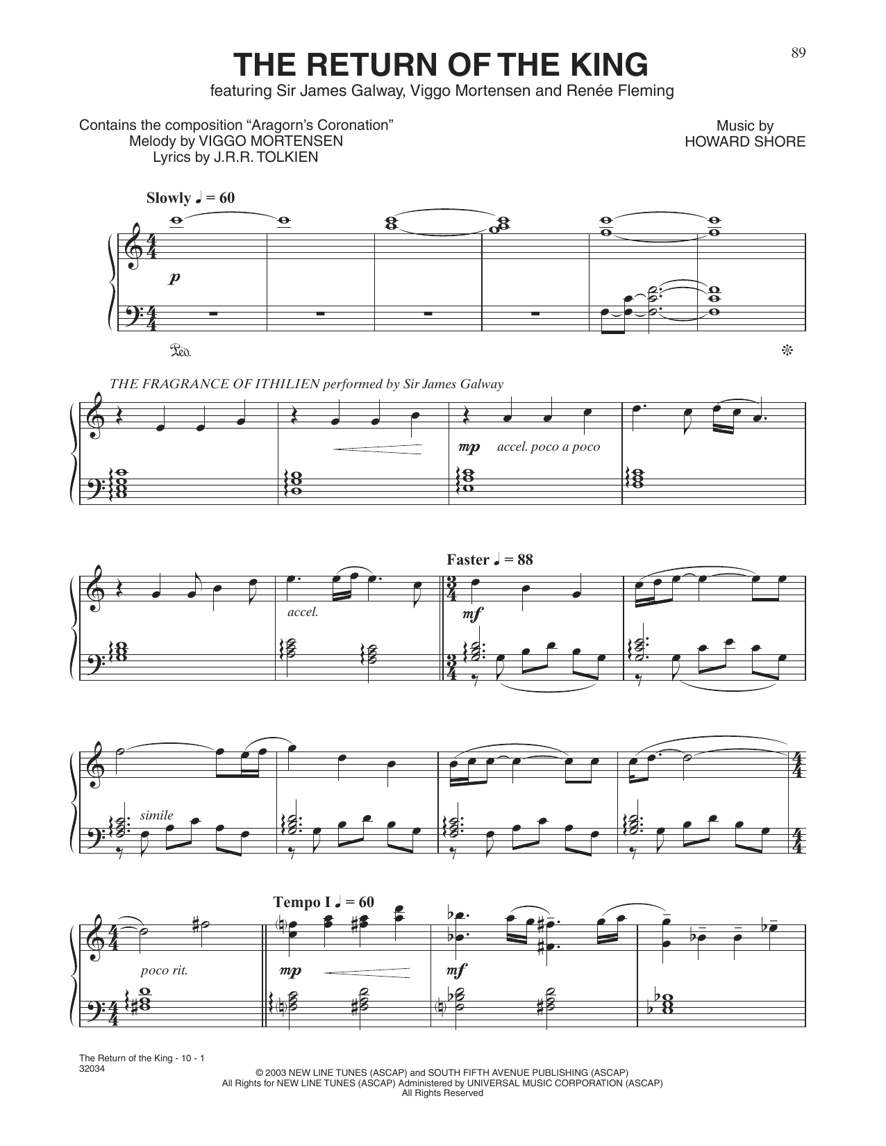 Howard Shore The Return Of The King (feat. Sir James Galway, Viggo Mortensen and Renée Fleming) sheet music, chords, lyrics - Printable PDF for Piano & Vocal