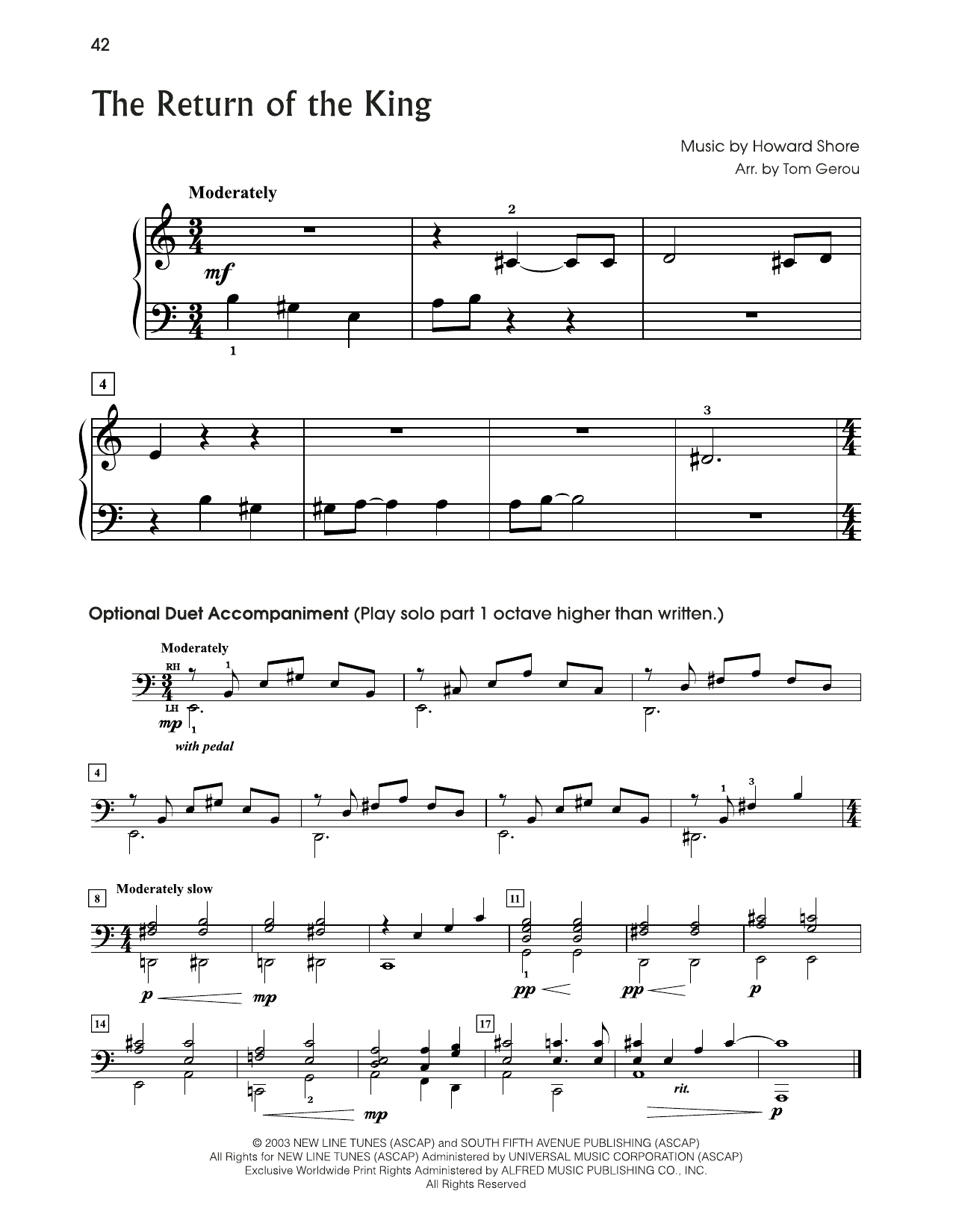 Howard Shore The Return Of The King (from The Lord Of The Rings) (arr. Tom Gerou) sheet music, chords, lyrics - Printable PDF for 5-Finger Piano