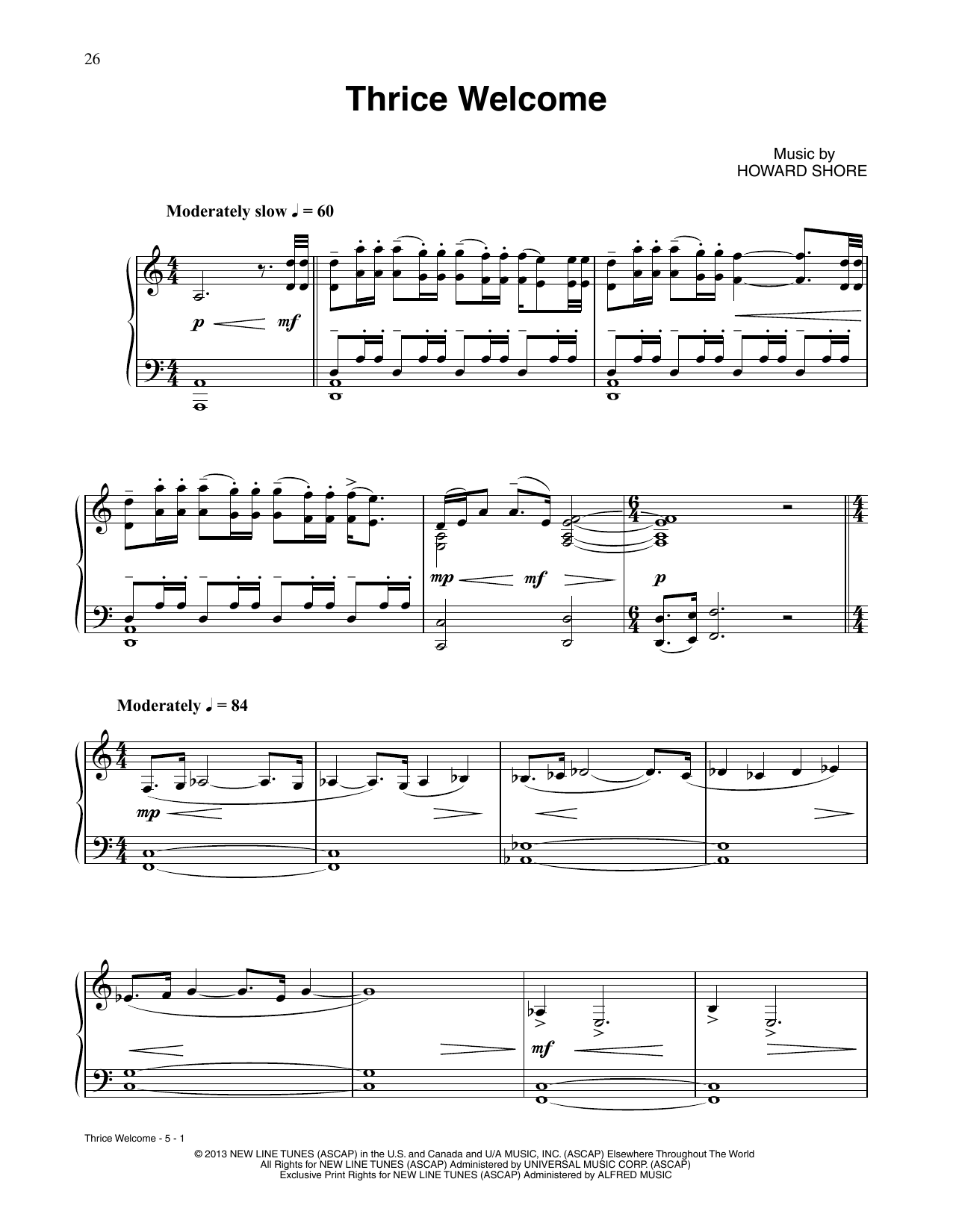 Howard Shore Thrice Welcome (from The Hobbit: The Desolation Of Smaug) sheet music, chords, lyrics - Printable PDF for Piano Solo