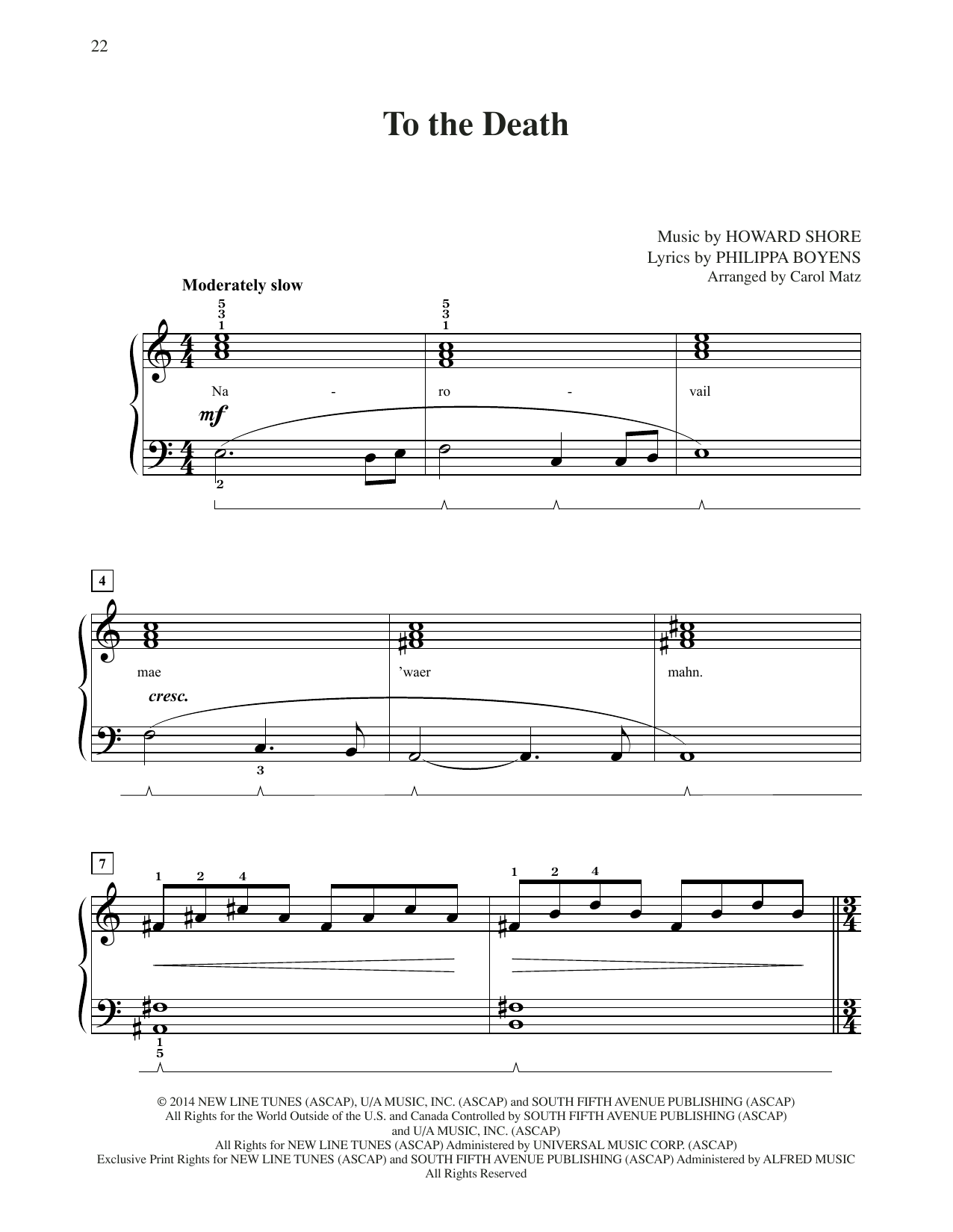 Howard Shore To The Death (from The Hobbit: The Battle of the Five Armies) (arr. Carol Matz) sheet music, chords, lyrics - Printable PDF for Big Note Piano