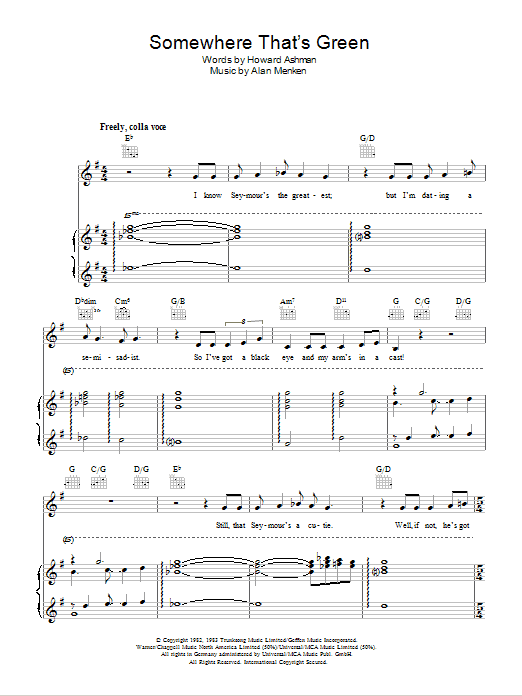 Learn to play Alan Menken Somewhere That's Green sheet music for Piano, Vocal & Guitar (Right-Hand Melody) in minutes. Alan Menken Somewhere That's Green sheet music preview music notes and score for Piano, Vocal & Guitar (Right-Hand Melody) including 3 page(s)