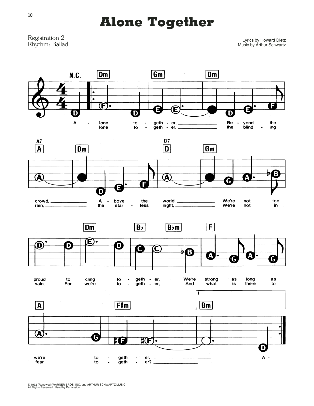 Learn to play Howard Dietz and Arthur Schwartz Alone Together sheet music for E-Z Play Today in minutes. Howard Dietz and Arthur Schwartz Alone Together sheet music preview music notes and score for E-Z Play Today including 2 page(s)