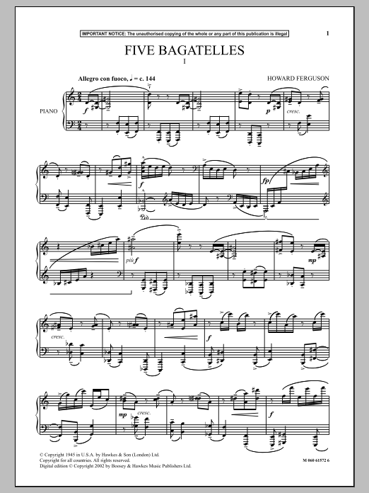 Learn to play Howard Ferguson Five Bagatelles (I) sheet music for Piano in minutes. Howard Ferguson Five Bagatelles (I) sheet music notes and chords