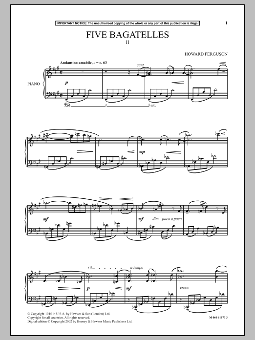 Learn to play Howard Ferguson Five Bagatelles (II) sheet music for Piano in minutes. Howard Ferguson Five Bagatelles (II) sheet music notes and chords