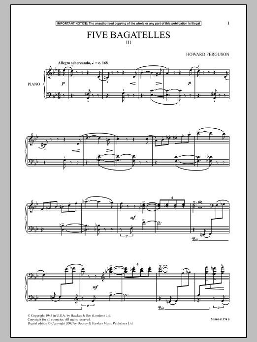 Learn to play Howard Ferguson Five Bagatelles (III) sheet music for Piano in minutes. Howard Ferguson Five Bagatelles (III) sheet music notes and chords