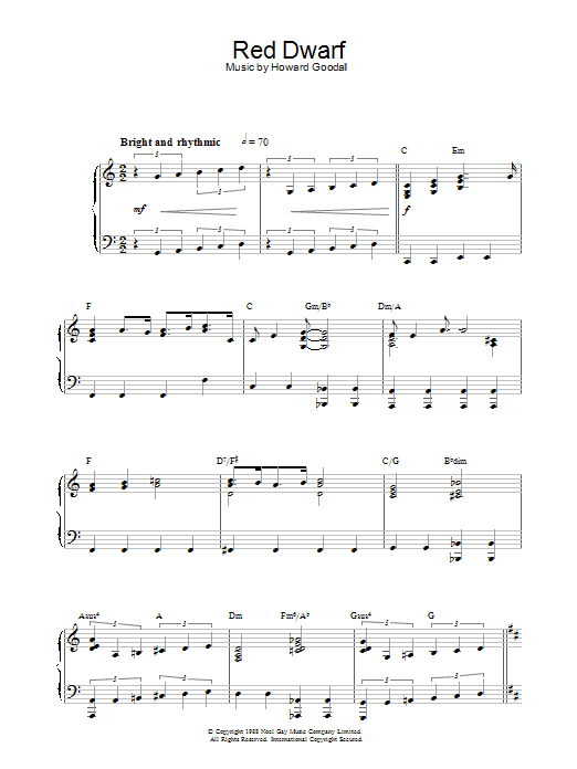 Howard Goodall Theme from Red Dwarf sheet music preview music notes and score for Piano including 2 page(s)