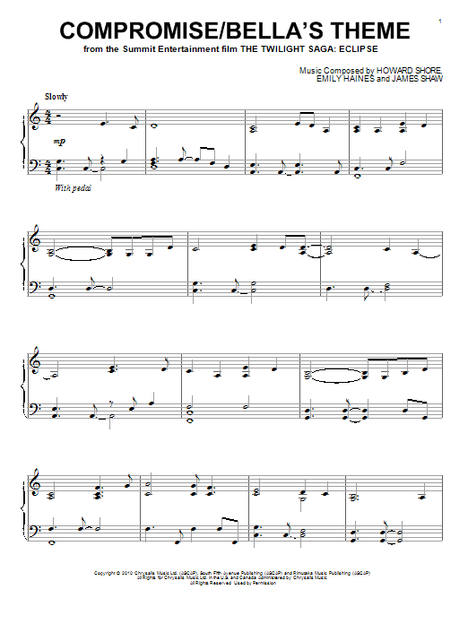 Learn to play Howard Shore Compromise/Bella's Theme sheet music for Easy Piano in minutes. Howard Shore Compromise/Bella's Theme sheet music preview music notes and score for Easy Piano including 4 page(s)