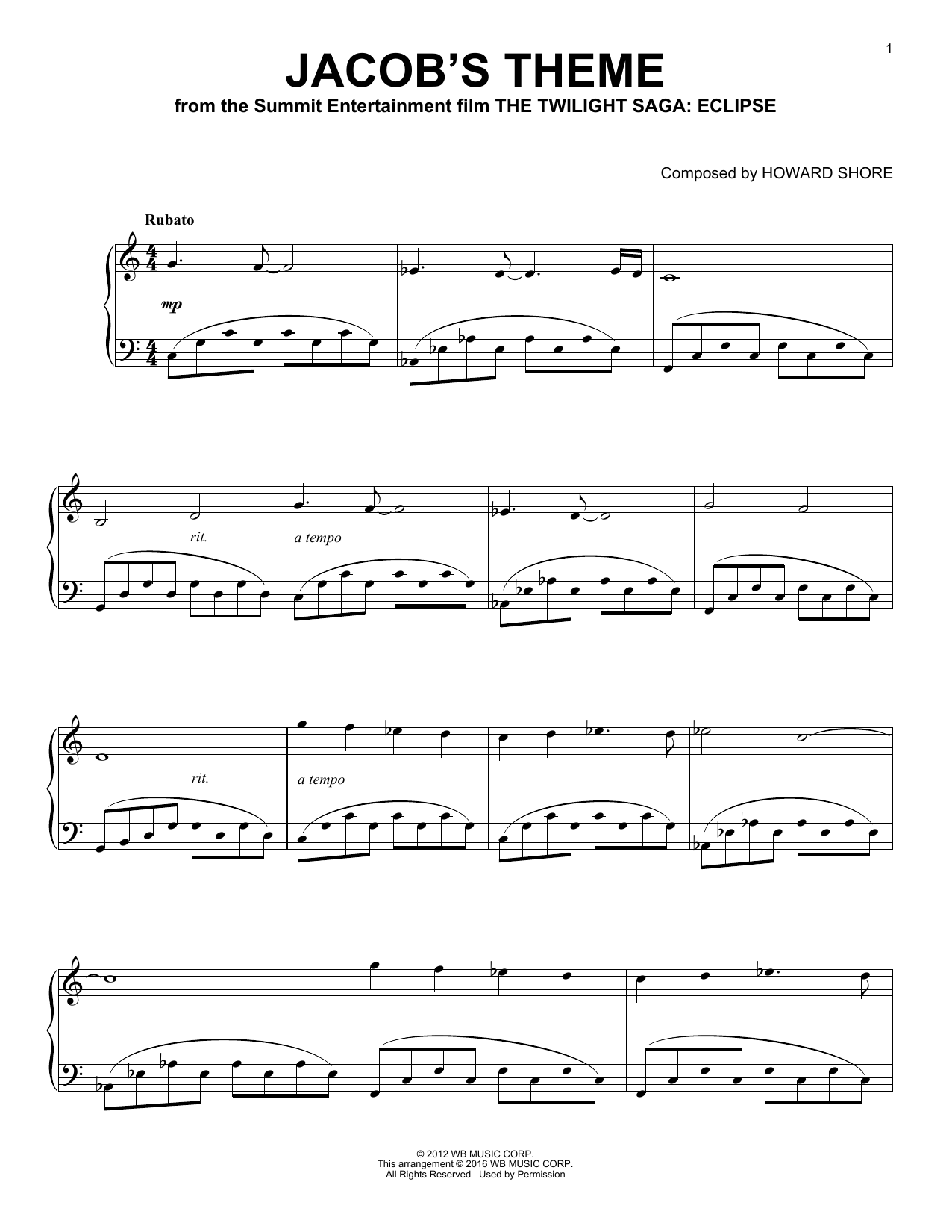Learn to play Howard Shore Jacob's Theme sheet music for Easy Piano in minutes. Howard Shore Jacob's Theme sheet music preview music notes and score for Easy Piano including 4 page(s)