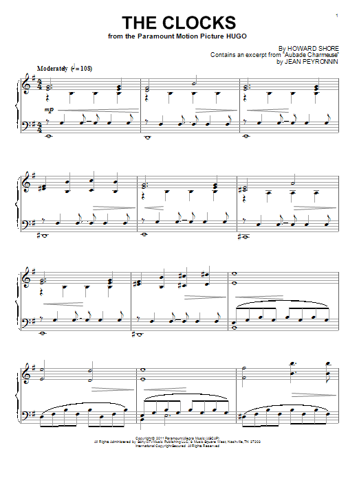 Learn to play Howard Shore The Clocks sheet music for Piano in minutes. Howard Shore The Clocks sheet music preview music notes and score for Piano including 9 page(s)