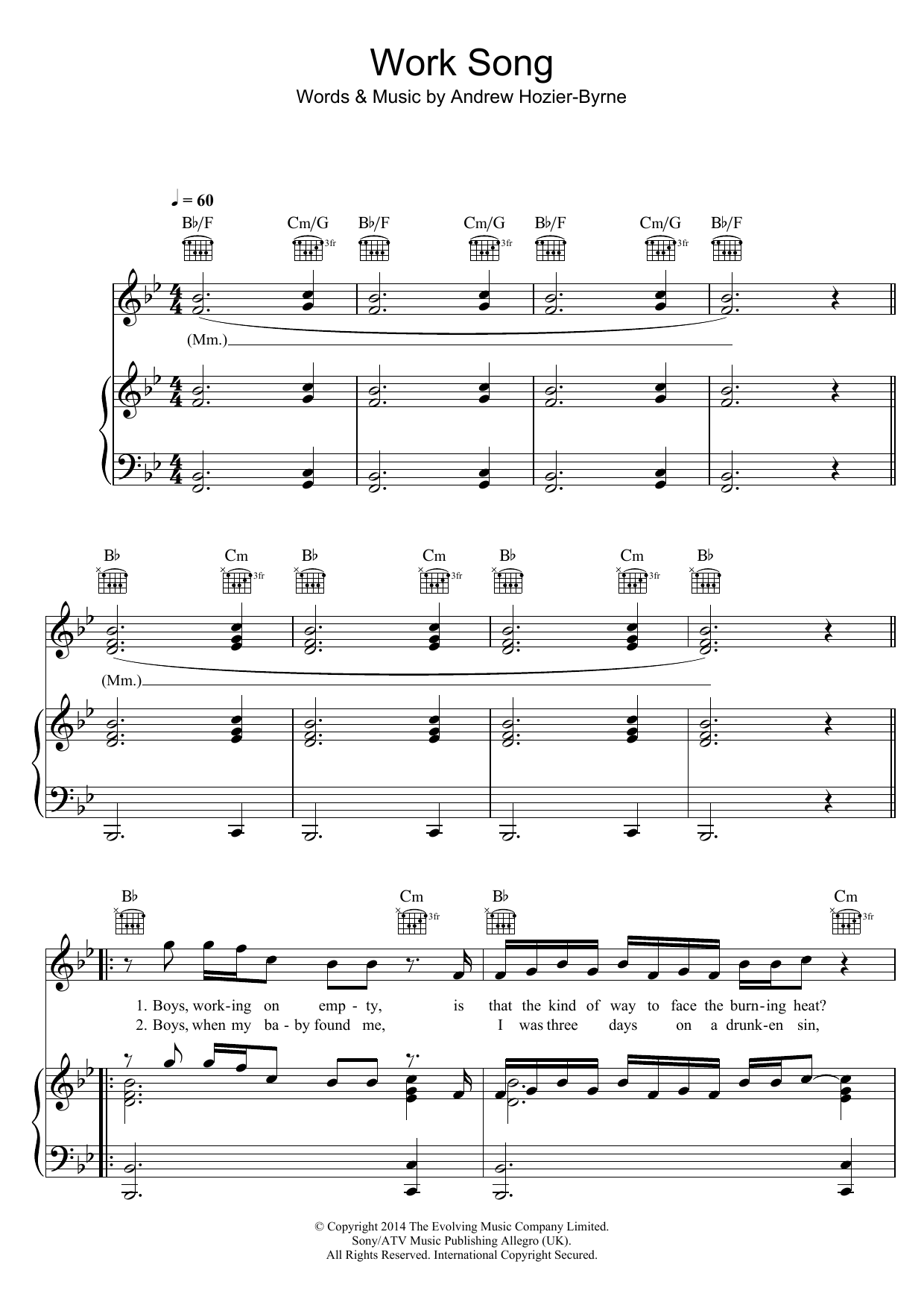 Learn to play Hozier Work Song sheet music for Piano, Vocal & Guitar (Right-Hand Melody) in minutes. Hozier Work Song sheet music preview music notes and score for Piano, Vocal & Guitar (Right-Hand Melody) including 4 page(s)