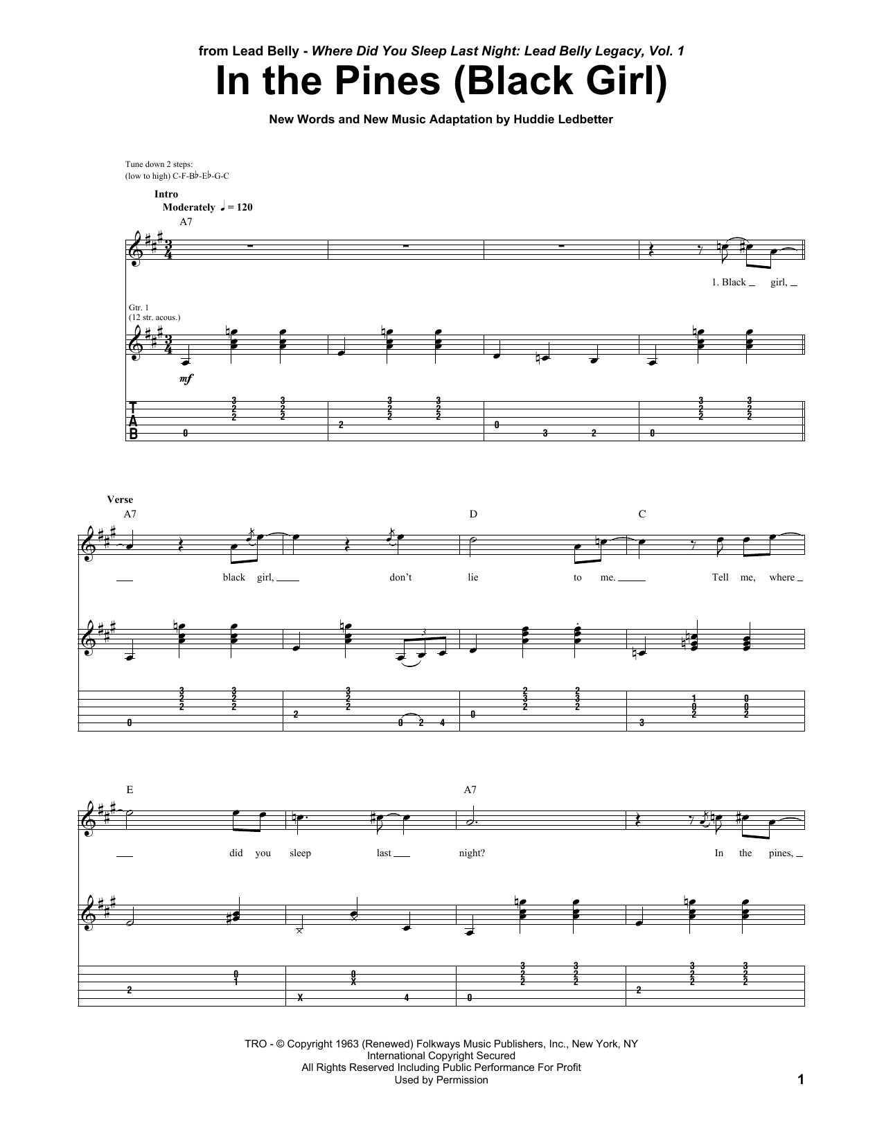 Learn to play Huddie Ledbetter In The Pines (Black Girl) sheet music for Guitar Tab in minutes. Huddie Ledbetter In The Pines (Black Girl) sheet music preview music notes and score for Guitar Tab including 5 page(s)