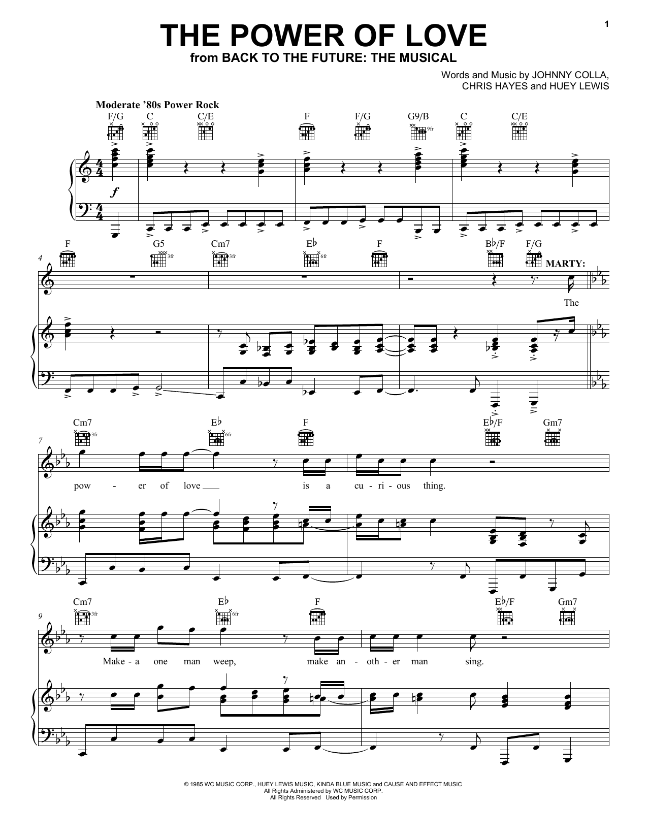 Huey Lewis & The News The Power Of Love (from Back To The Future: The Musical) sheet music, chords, lyrics - Printable PDF for Piano, Vocal & Guitar Chords (Right-Hand Melody)