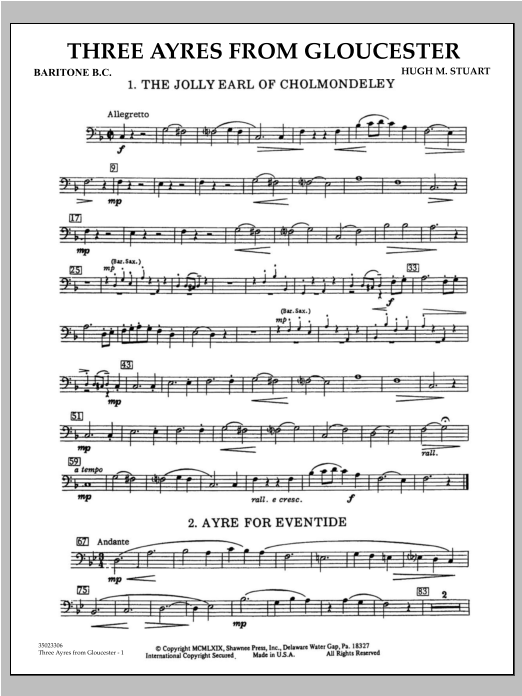 Learn to play Hugh M. Stuart Three Ayres From Gloucester - Baritone B.C. sheet music for Concert Band in minutes. Hugh M. Stuart Three Ayres From Gloucester - Baritone B.C. sheet music preview music notes and score for Concert Band including 2 page(s)