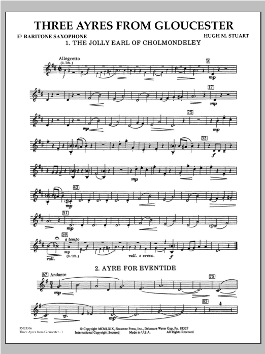 Learn to play Hugh M. Stuart Three Ayres From Gloucester - Eb Baritone Saxophone sheet music for Concert Band in minutes. Hugh M. Stuart Three Ayres From Gloucester - Eb Baritone Saxophone sheet music preview music notes and score for Concert Band including 2 page(s)