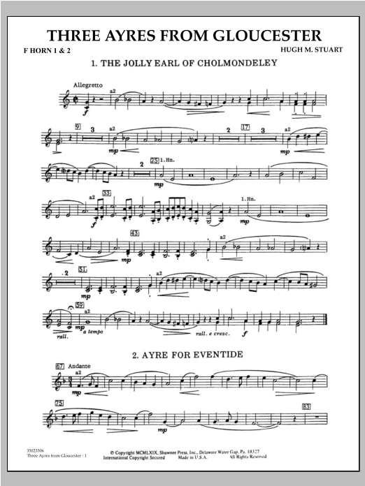 Learn to play Hugh M. Stuart Three Ayres From Gloucester - F Horn 1 & 2 sheet music for Concert Band in minutes. Hugh M. Stuart Three Ayres From Gloucester - F Horn 1 & 2 sheet music preview music notes and score for Concert Band including 2 page(s)