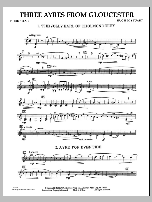 Learn to play Hugh M. Stuart Three Ayres From Gloucester - F Horn 3 & 4 sheet music for Concert Band in minutes. Hugh M. Stuart Three Ayres From Gloucester - F Horn 3 & 4 sheet music preview music notes and score for Concert Band including 2 page(s)