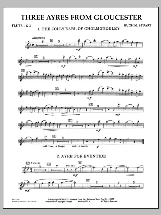 Learn to play Hugh M. Stuart Three Ayres From Gloucester - Flute 1 & 2 sheet music for Concert Band in minutes. Hugh M. Stuart Three Ayres From Gloucester - Flute 1 & 2 sheet music preview music notes and score for Concert Band including 2 page(s)