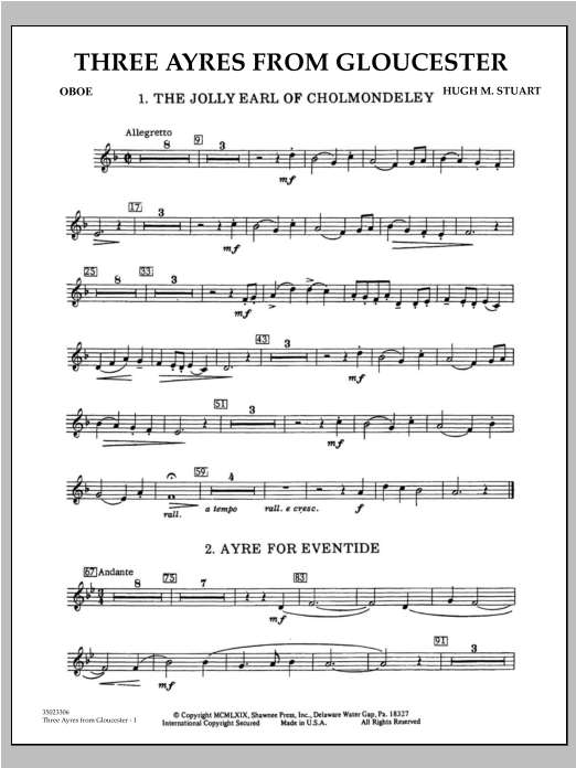 Learn to play Hugh M. Stuart Three Ayres From Gloucester - Oboe sheet music for Concert Band in minutes. Hugh M. Stuart Three Ayres From Gloucester - Oboe sheet music preview music notes and score for Concert Band including 2 page(s)