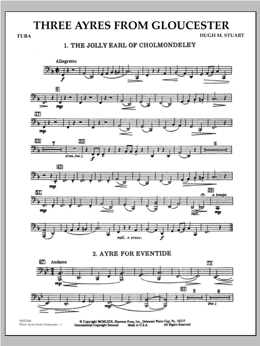 Learn to play Hugh M. Stuart Three Ayres From Gloucester - Tuba sheet music for Concert Band in minutes. Hugh M. Stuart Three Ayres From Gloucester - Tuba sheet music preview music notes and score for Concert Band including 2 page(s)