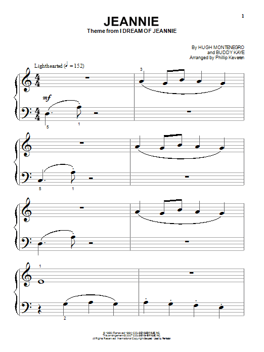 Learn to play Hugh Montenegro Jeannie sheet music for Easy Piano in minutes. Hugh Montenegro Jeannie sheet music preview music notes and score for Easy Piano including 3 page(s)