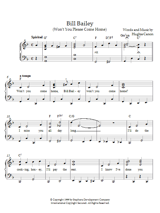 Learn to play Hughie Cannon Bill Bailey, Won't You Please Come Home sheet music for Piano in minutes. Hughie Cannon Bill Bailey, Won't You Please Come Home sheet music notes and chords