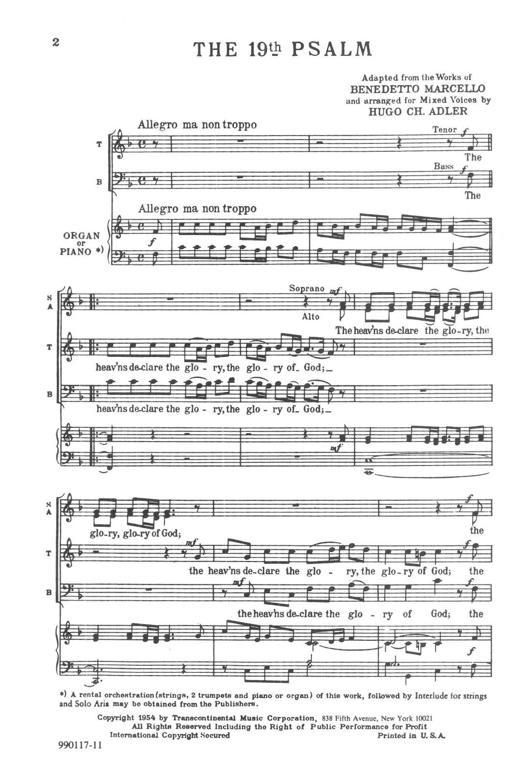 Hugo Adler The 19th Psalm Organ Or Piano sheet music, chords, lyrics - Printable PDF for SATB Choir