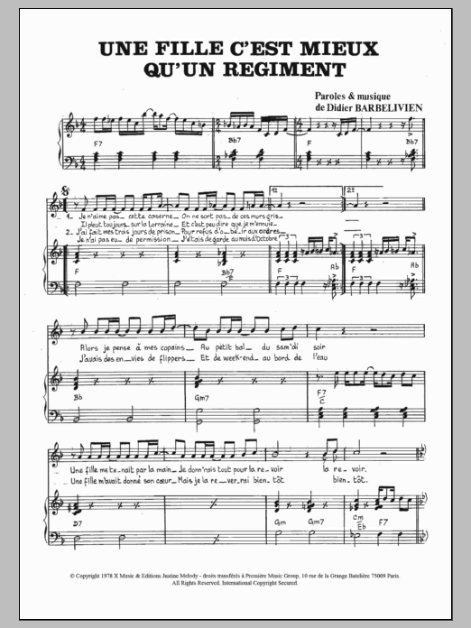 Learn to play Hugo Une Fille C'est Mieux Qu'un Regiment sheet music for Piano & Vocal in minutes. Hugo Une Fille C'est Mieux Qu'un Regiment sheet music preview music notes and score for Piano & Vocal including 2 page(s)