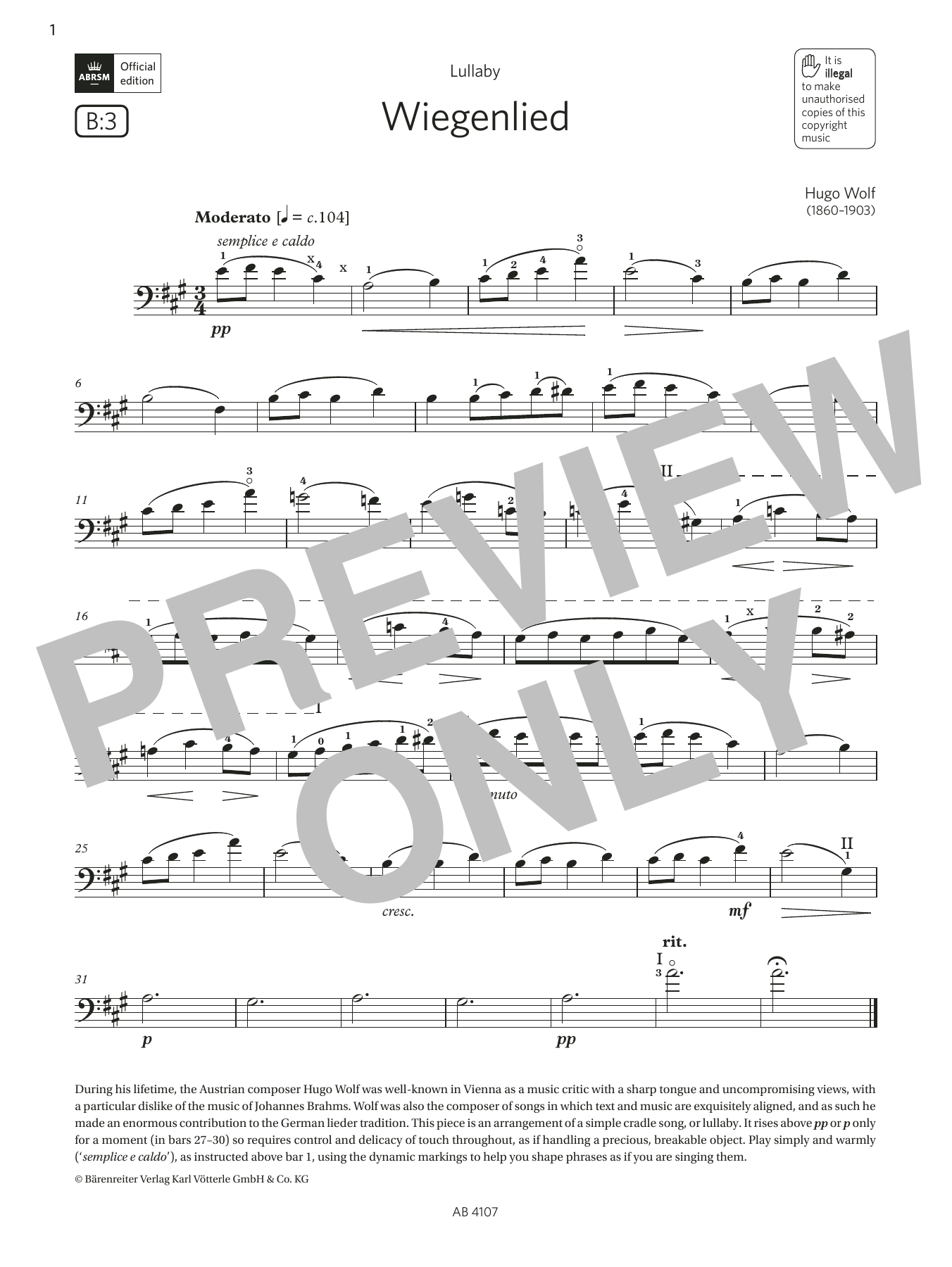 Hugo Wolf Wiegenlied (Grade 4, B3, from the ABRSM Cello Syllabus from 2024) sheet music, chords, lyrics - Printable PDF for Cello Solo
