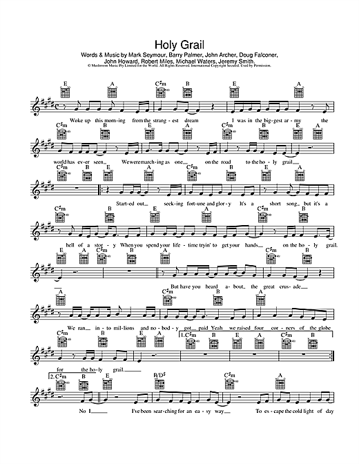 Hunters & Collectors Holy Grail sheet music preview music notes and score for Melody Line, Lyrics & Chords including 2 page(s)