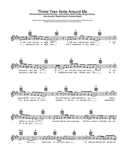 Learn to play Hunters & Collectors Throw Your Arms Around Me sheet music for Melody Line, Lyrics & Chords in minutes. Hunters & Collectors Throw Your Arms Around Me sheet music preview music notes and score for Melody Line, Lyrics & Chords including 2 page(s)