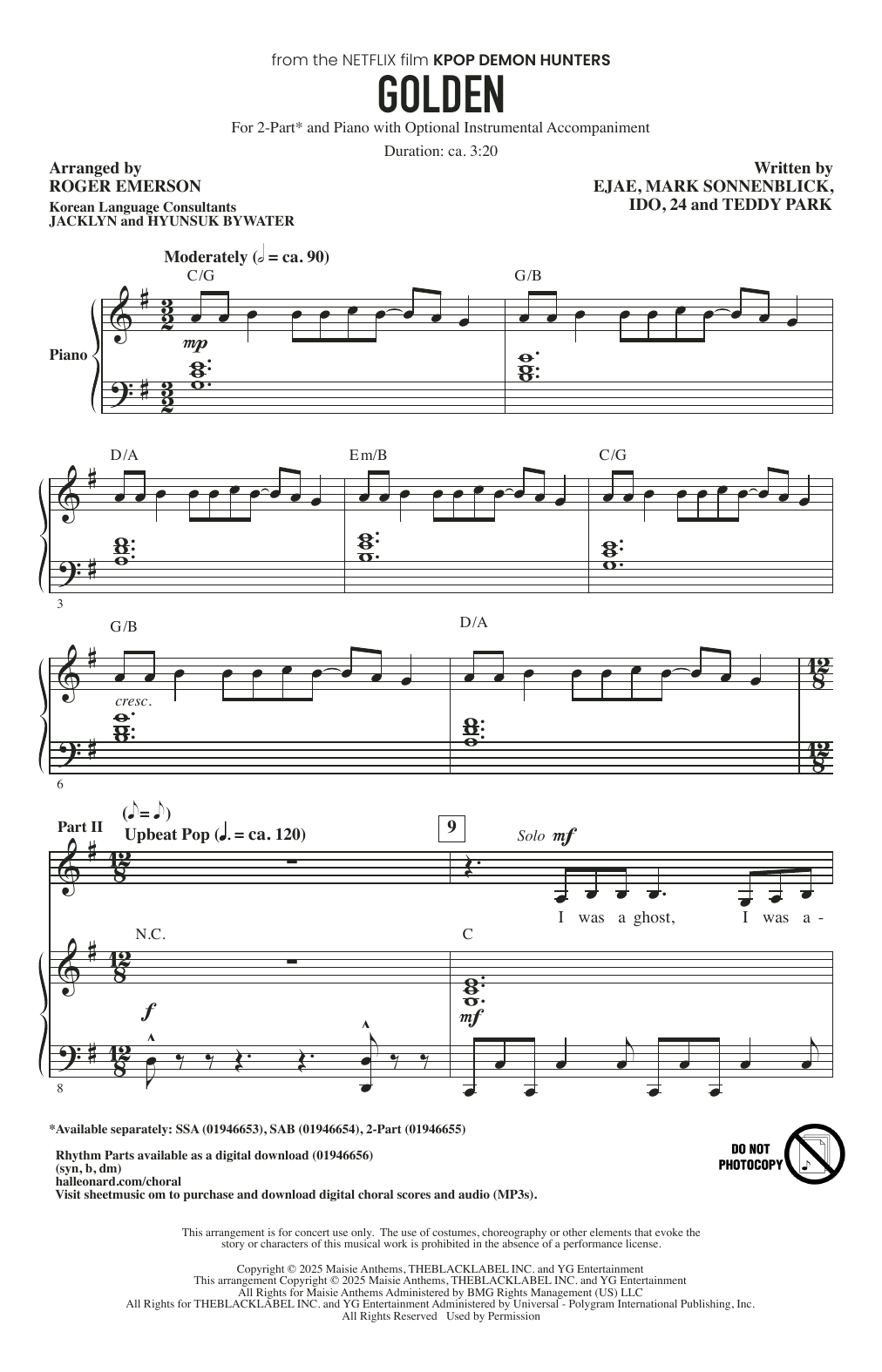 Huntr/x (Ejae, Audrey Nuna and Rei Ami) Golden (from KPop Demon Hunters) (arr. Roger Emerson) sheet music, chords, lyrics - Printable PDF for SSA Choir