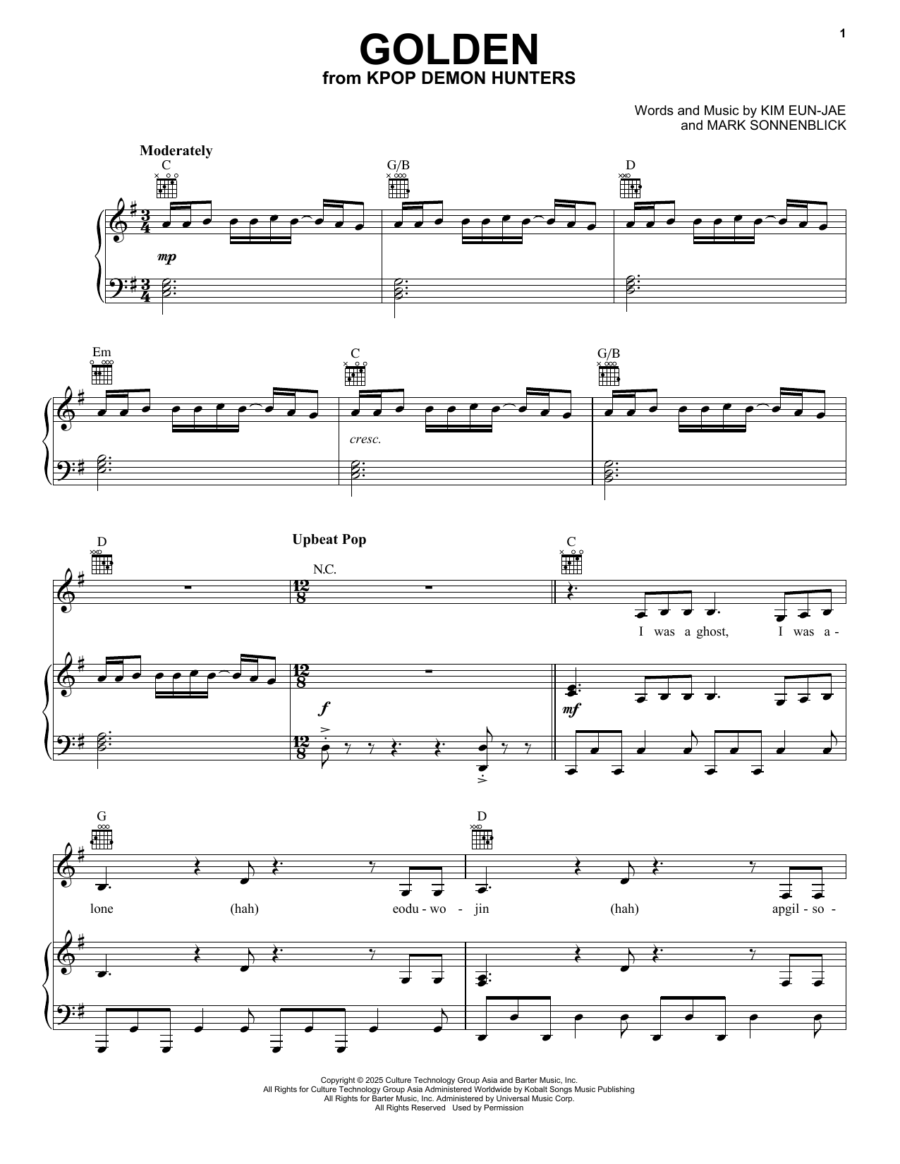 Huntr/x (Ejae, Audrey Nuna and Rei Ami) Golden (from KPop Demon Hunters) sheet music, chords, lyrics - Printable PDF for Super Easy Piano