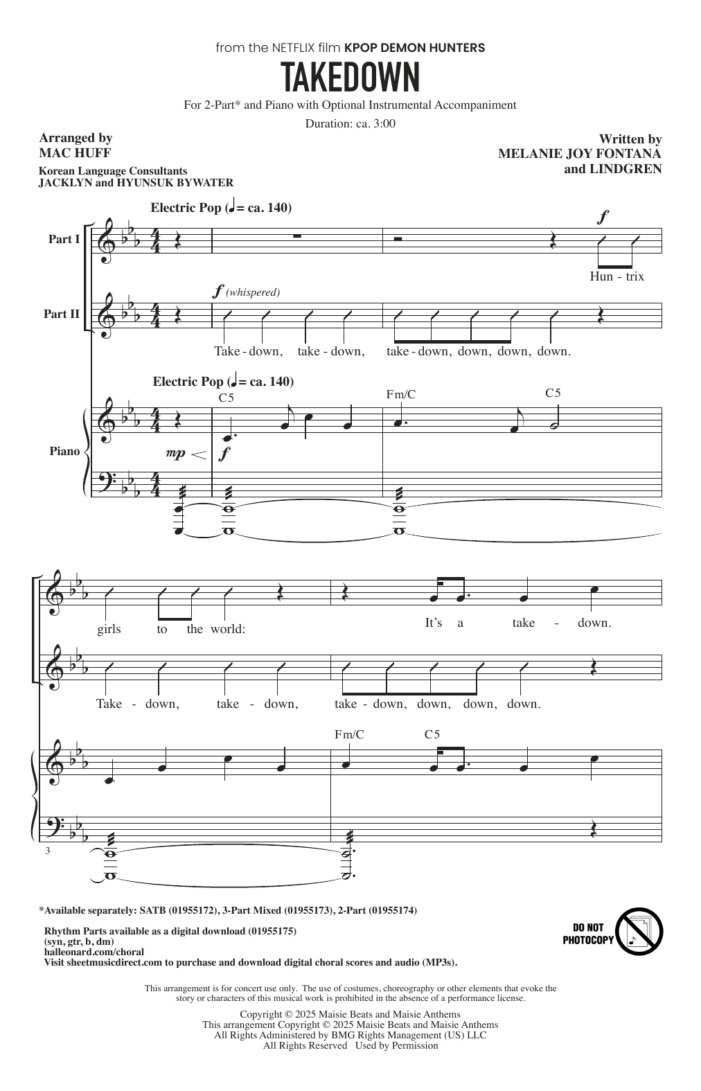 Huntr/x (Ejae, Audrey Nuna and Rei Ami) Takedown (from KPop Demon Hunters) (arr. Mac Huff) sheet music, chords, lyrics - Printable PDF for 3-Part Mixed Choir