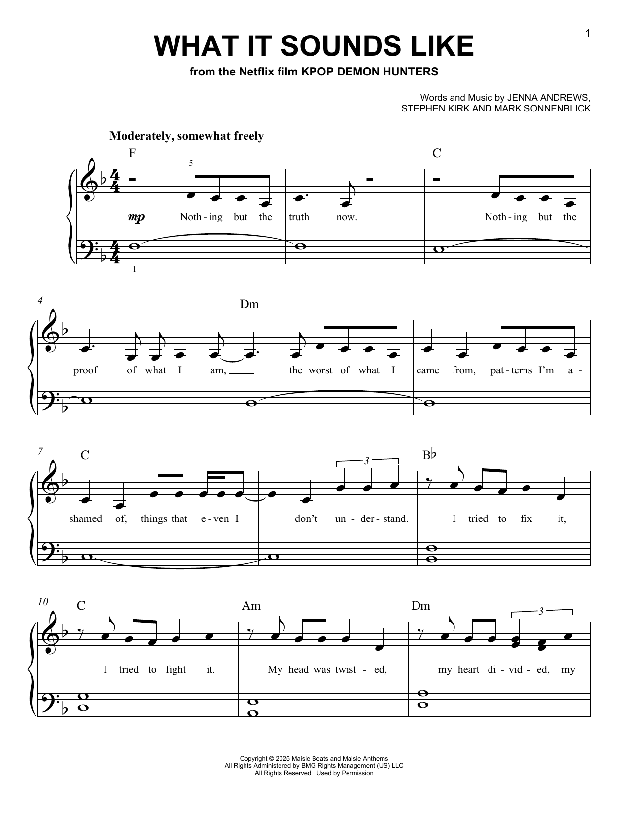 Huntr/x (Ejae, Audrey Nuna and Rei Ami) What It Sounds Like (from KPop Demon Hunters) sheet music, chords, lyrics - Printable PDF for Easy Piano