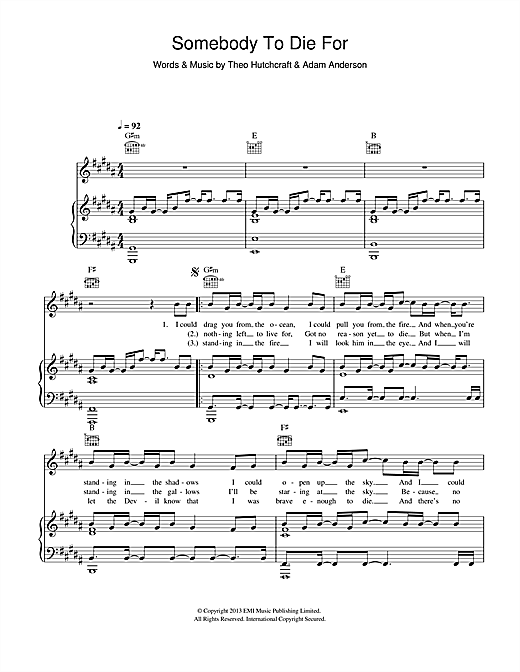 Learn to play Hurts Somebody To Die For sheet music for Piano, Vocal & Guitar (Right-Hand Melody) in minutes. Hurts Somebody To Die For sheet music notes and chords