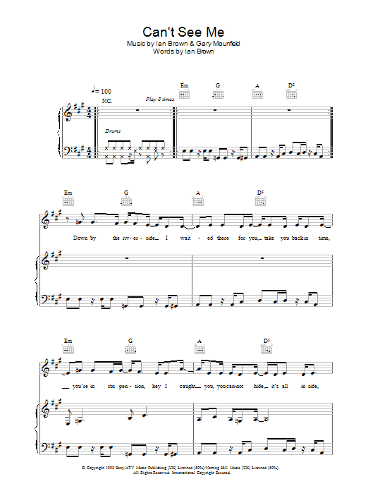 Ian Brown Can't See Me sheet music preview music notes and score for Piano, Vocal & Guitar including 10 page(s)