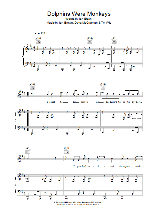 Ian Brown Dolphins Were Monkeys sheet music preview music notes and score for Piano, Vocal & Guitar including 6 page(s)