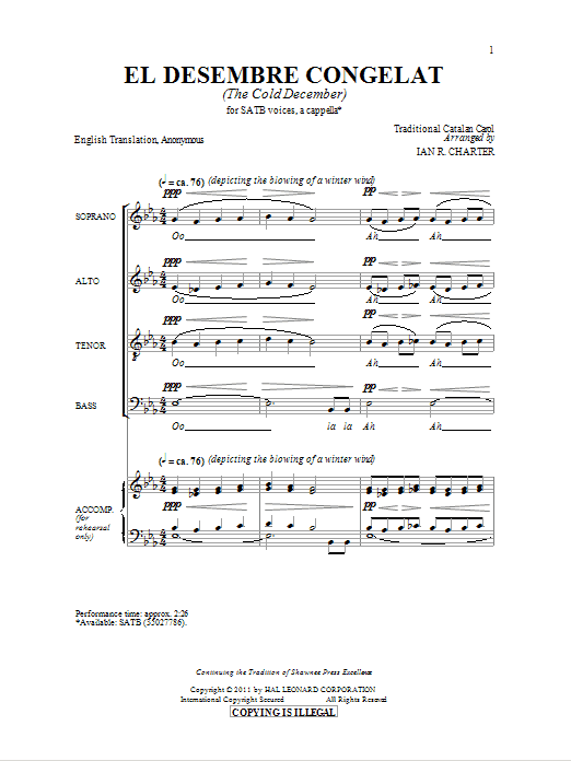Learn to play Traditional El Desembre Congelat (arr. Ian R. Charter) sheet music for SATB in minutes. Traditional El Desembre Congelat (arr. Ian R. Charter) sheet music preview music notes and score for SATB including 10 page(s)
