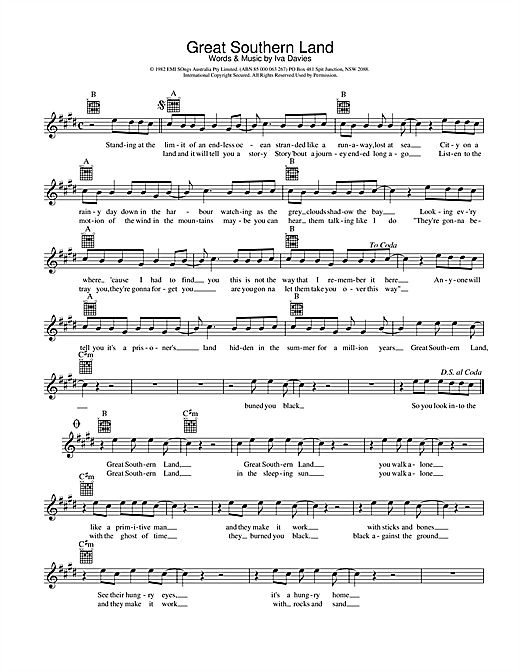 Learn to play Icehouse Great Southern Land sheet music for Melody Line, Lyrics & Chords in minutes. Icehouse Great Southern Land sheet music preview music notes and score for Melody Line, Lyrics & Chords including 2 page(s)