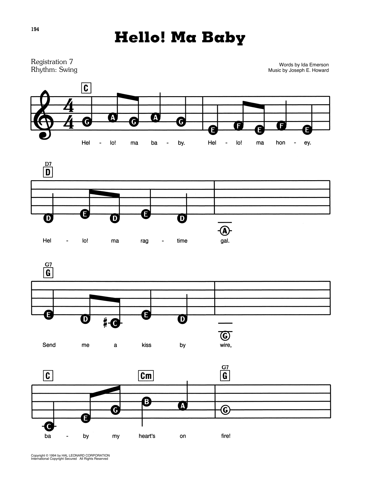 Learn to play Ida Emerson and Joseph E. Howard Hello! Ma Baby sheet music for E-Z Play Today in minutes. Ida Emerson and Joseph E. Howard Hello! Ma Baby sheet music preview music notes and score for E-Z Play Today including 2 page(s)