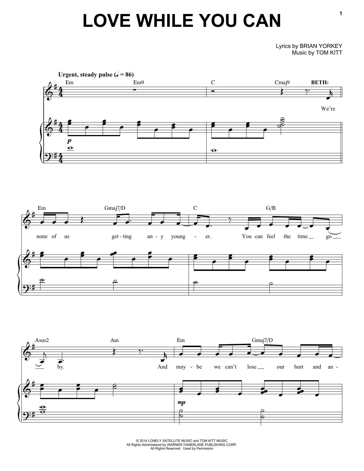 Tom Kitt Love While You Can (from If/Then) sheet music, chords, lyrics - Printable PDF for Piano & Vocal