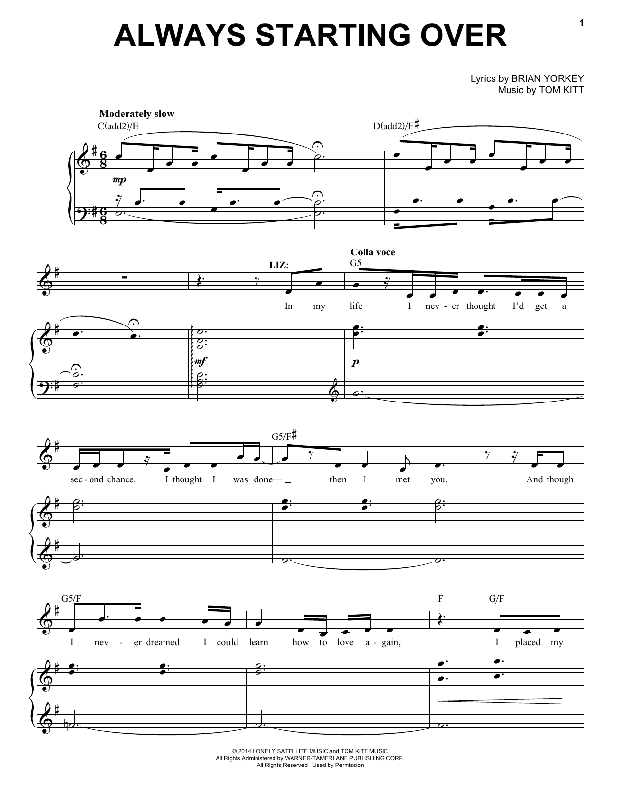 Tom Kitt Always Starting Over (from If/Then) sheet music, chords, lyrics - Printable PDF for Piano & Vocal