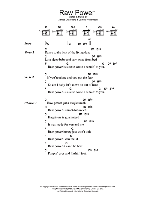 Iggy Pop Raw Power sheet music preview music notes and score for Lyrics & Chords including 3 page(s)