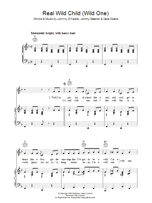 Learn to play Iggy Pop & Jet Real Wild Child (Wild One) sheet music for Piano, Vocal & Guitar (Right-Hand Melody) in minutes. Iggy Pop & Jet Real Wild Child (Wild One) sheet music preview music notes and score for Piano, Vocal & Guitar (Right-Hand Melody) including 4 page(s)