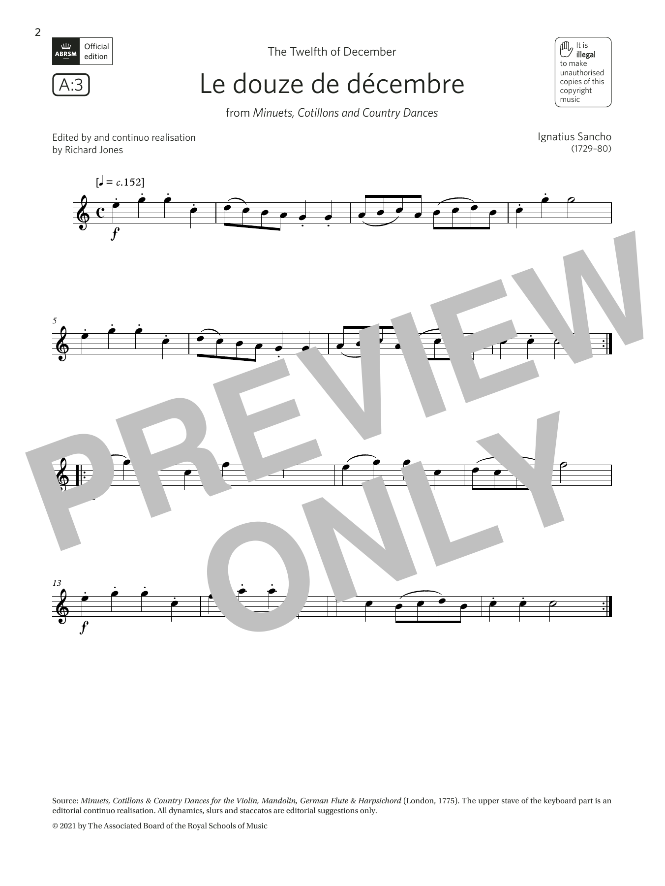 Ignatius Sancho Le douze de décembre (Grade 1 List A3 from the ABRSM Flute syllabus from 2022) sheet music, chords, lyrics - Printable PDF for Flute Solo