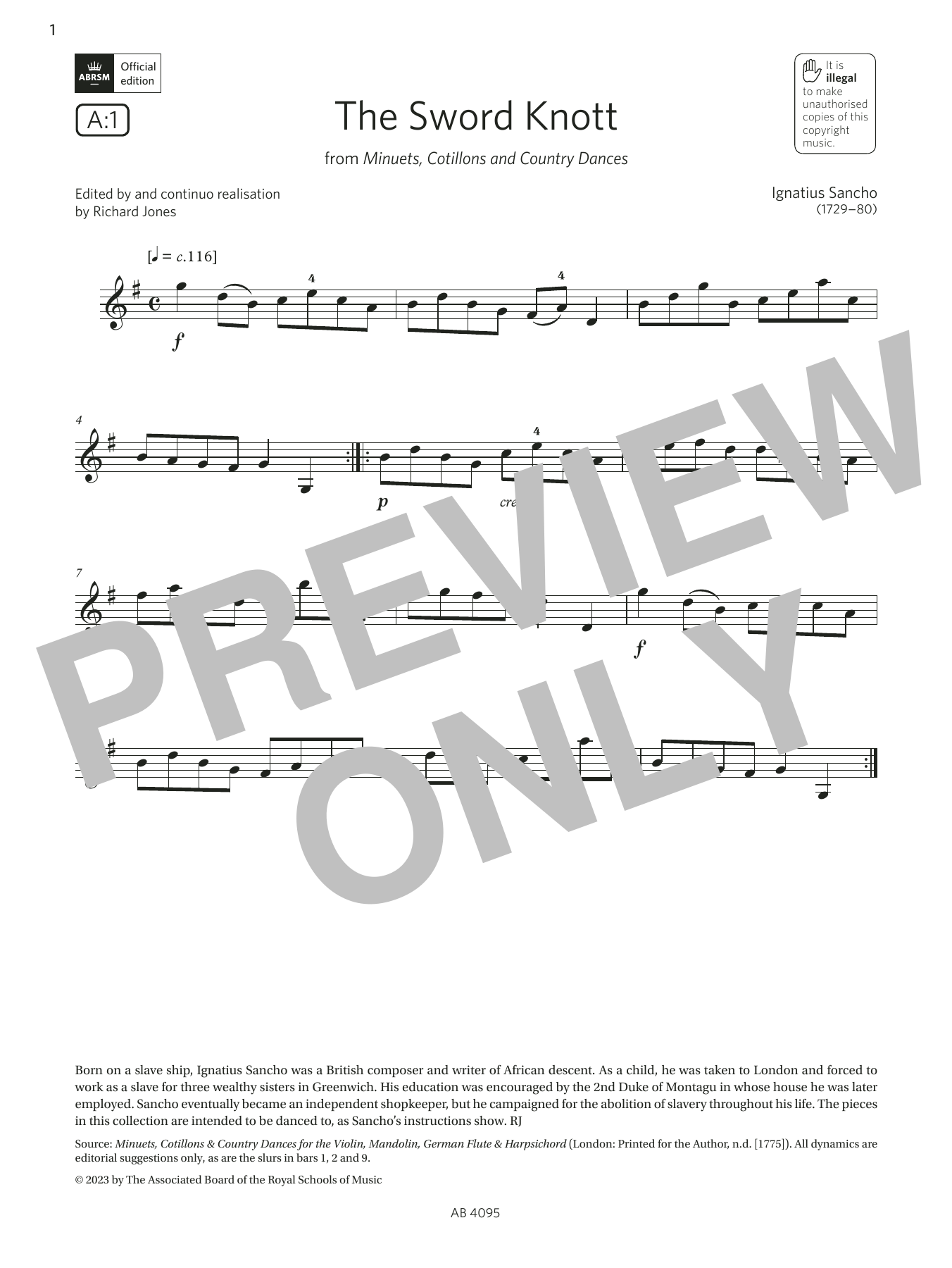 Ignatius Sancho The Sword Knott (Grade 1, A1, from the ABRSM Violin Syllabus from 2024) sheet music, chords, lyrics - Printable PDF for Violin Solo
