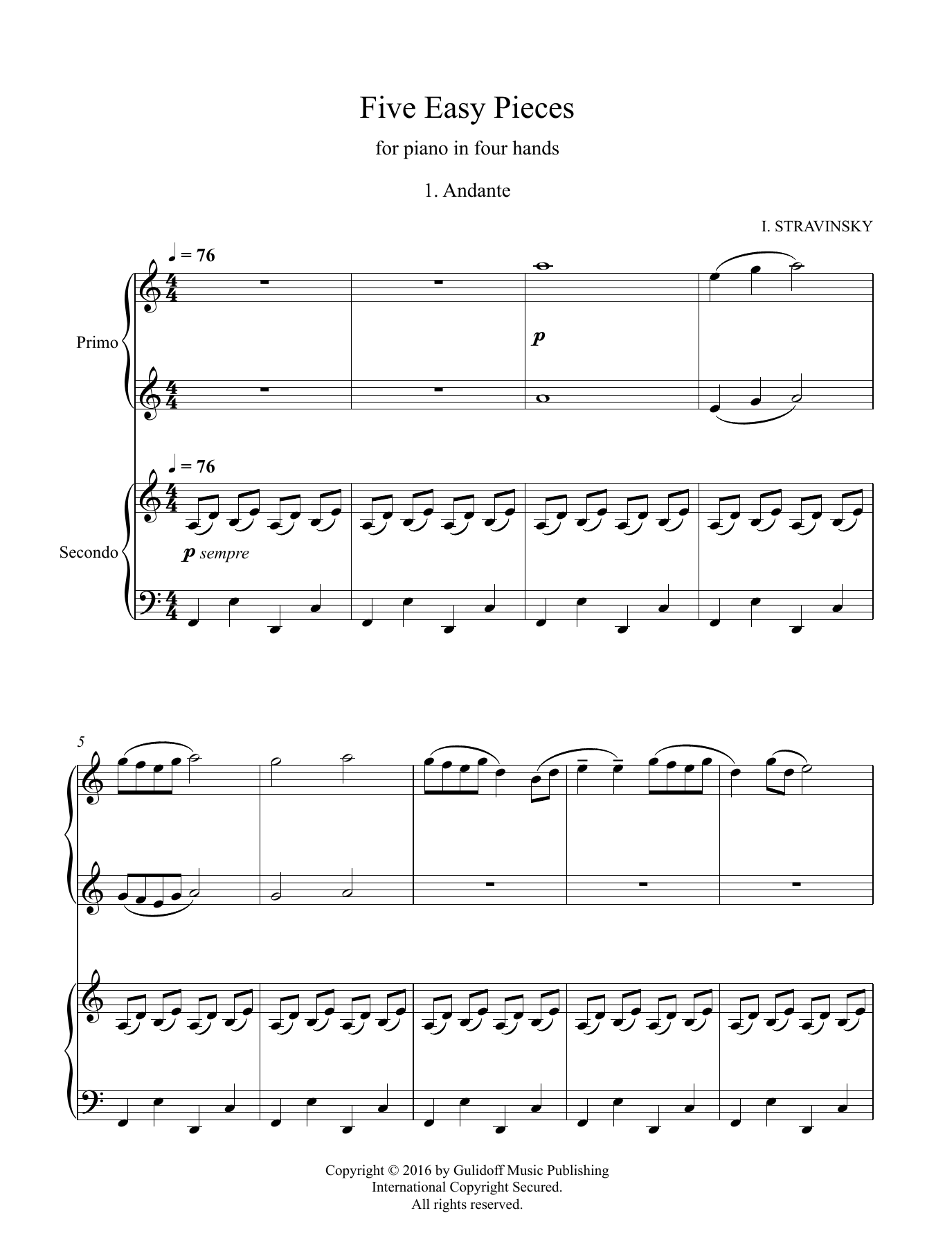 Igor Stravinsky Five Easy Pieces for piano in four hands, No. 1: Andante sheet music, chords, lyrics - Printable PDF for Piano Duet