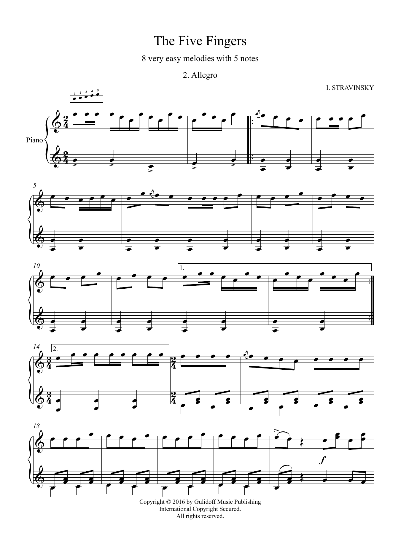 Igor Stravinsky Five Fingers: 2. Allegro sheet music, chords, lyrics - Printable PDF for Piano Solo