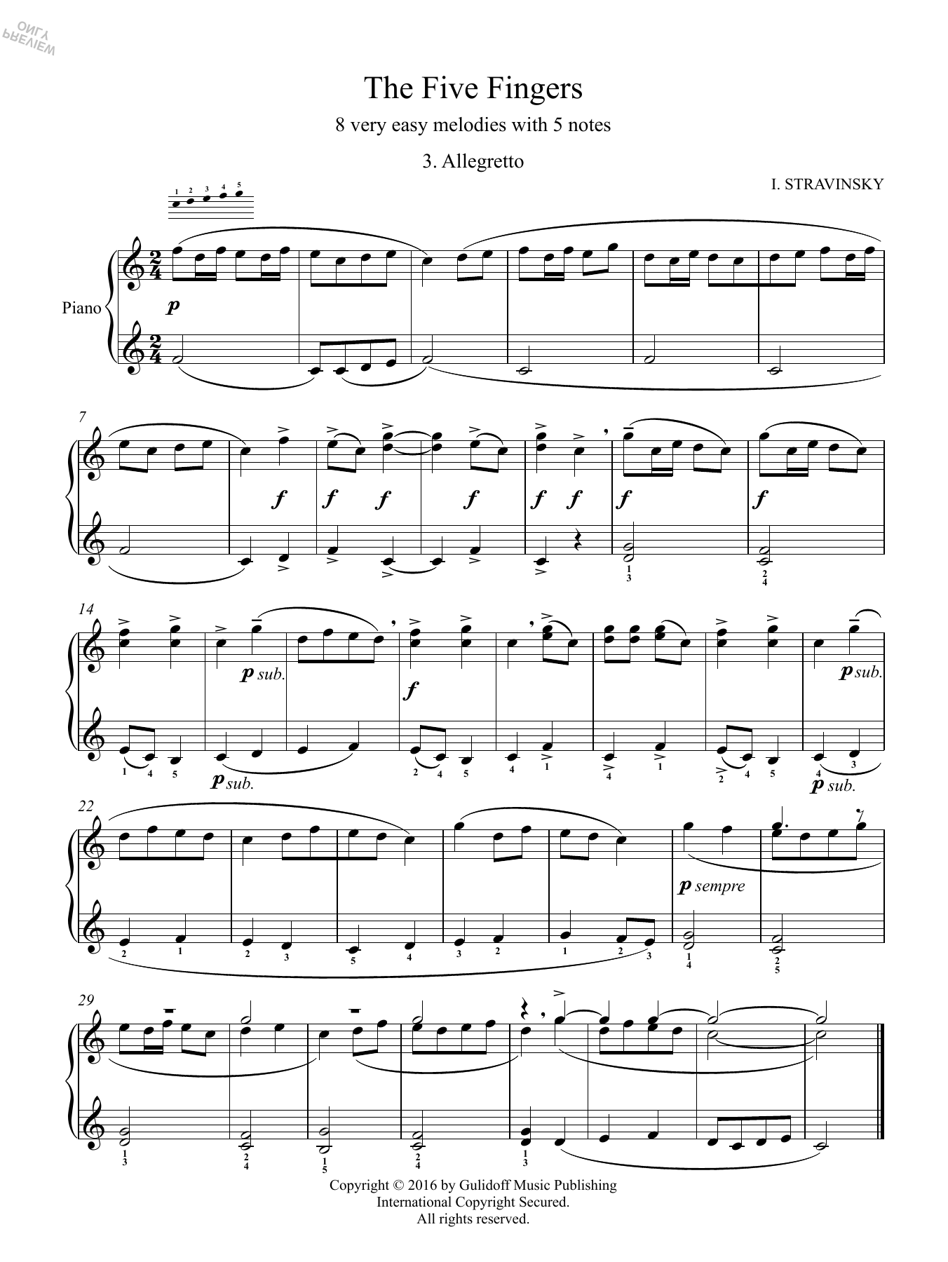 Igor Stravinsky Five Fingers: 3. Allegretto sheet music, chords, lyrics - Printable PDF for Piano Solo
