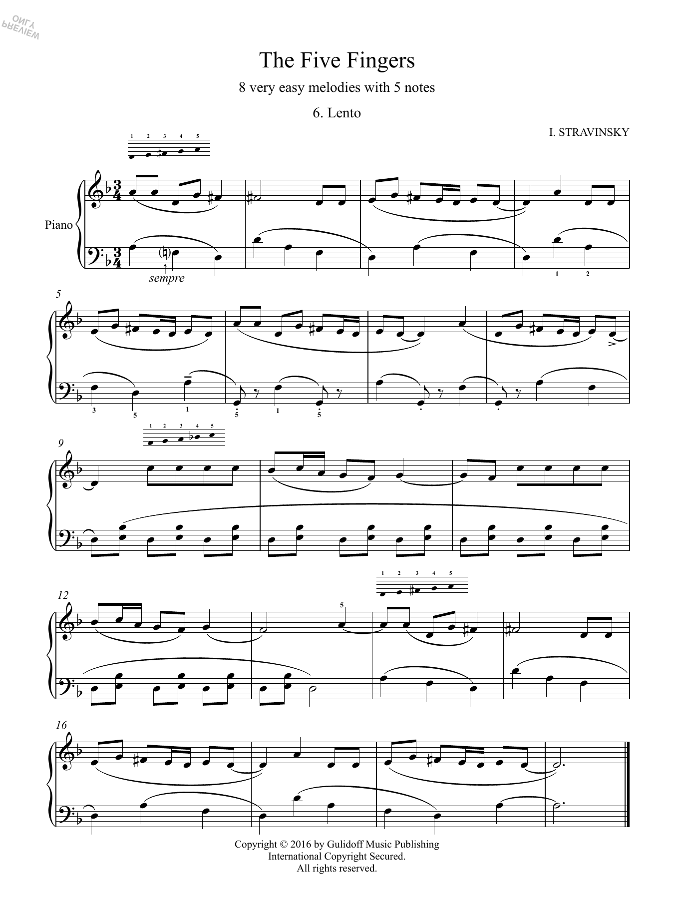 Igor Stravinsky Five Fingers: 6. Lento sheet music, chords, lyrics - Printable PDF for Piano Solo